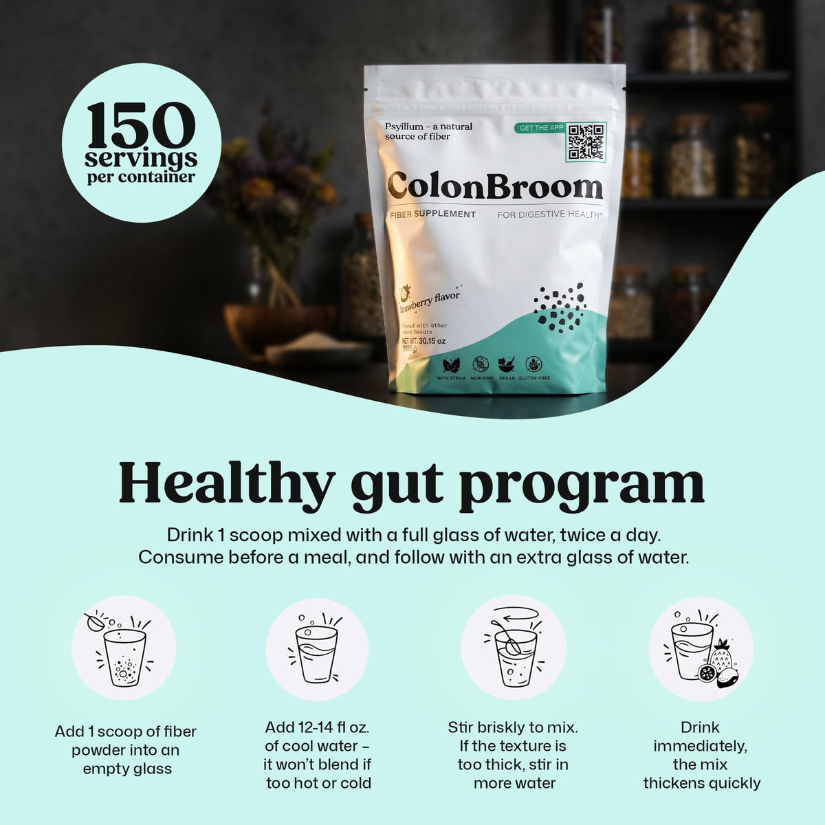 ColonBroom Psyllium Husk Powder (Strawberry, 150 Servings) - Colon Cleanse for Bloating Relief & Gut Health - Colon Broom Fiber Powder Drink - Vegan, Gluten Free, Non-GMO Fiber Powder Supplement