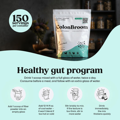 ColonBroom Psyllium Husk Powder (Strawberry, 150 Servings) - Colon Cleanse for Bloating Relief & Gut Health - Colon Broom Fiber Powder Drink - Vegan, Gluten Free, Non-GMO Fiber Powder Supplement