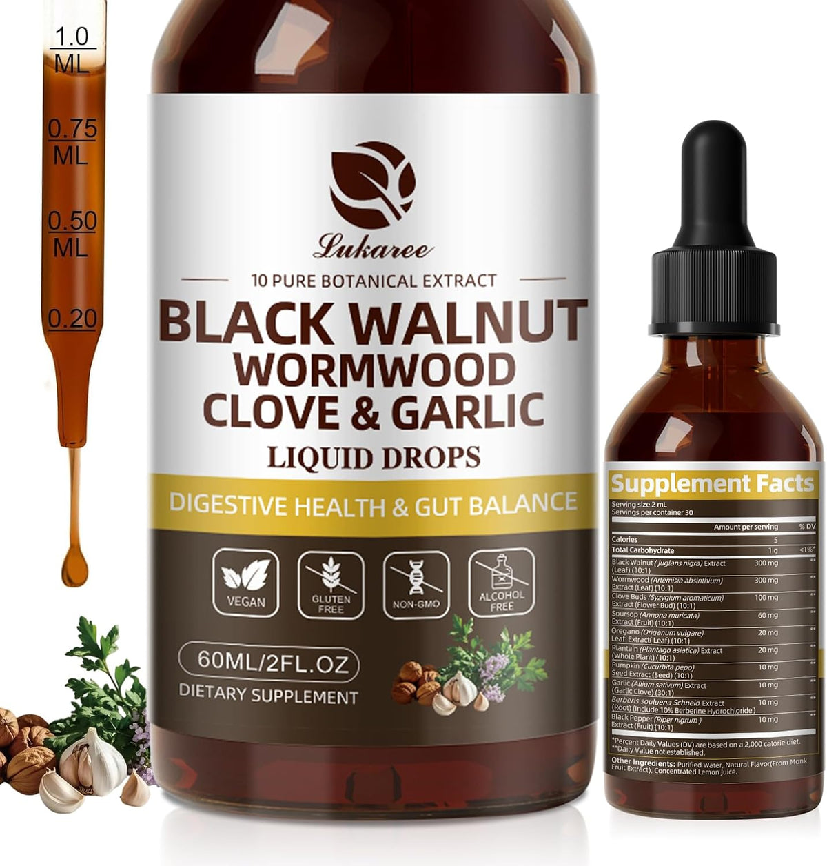 Wormwood Black Walnut Clove Cleanse Tincture - Gut Health & Detox - with Garlic Pumpkin Seeds Soursop Oregano - Digestive & Intestinal Support for Humans - Vegan, Herbal Blends, Liposomal Tech