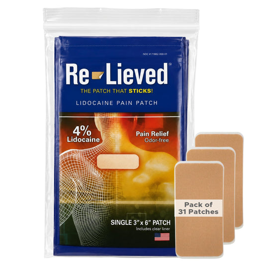 Re-Lieved 4% Lidocaine Pain Relief Patches Maximum Strength, 31 Count, Up To 12 Hours Pain Relief - Superior Adhesive, Water-Resistant & Aluminum-Free, 3x6 Inch for Back, Muscle & Joint Pain - US Made