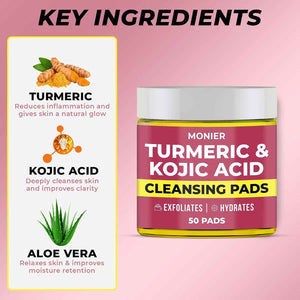 Turmeric Kojic Acid Cleansing Pads for Face Dark Spots - Hydrates & Plumps - With Vitamin C & E, Sensitive Skin Friendly (50 Pads)