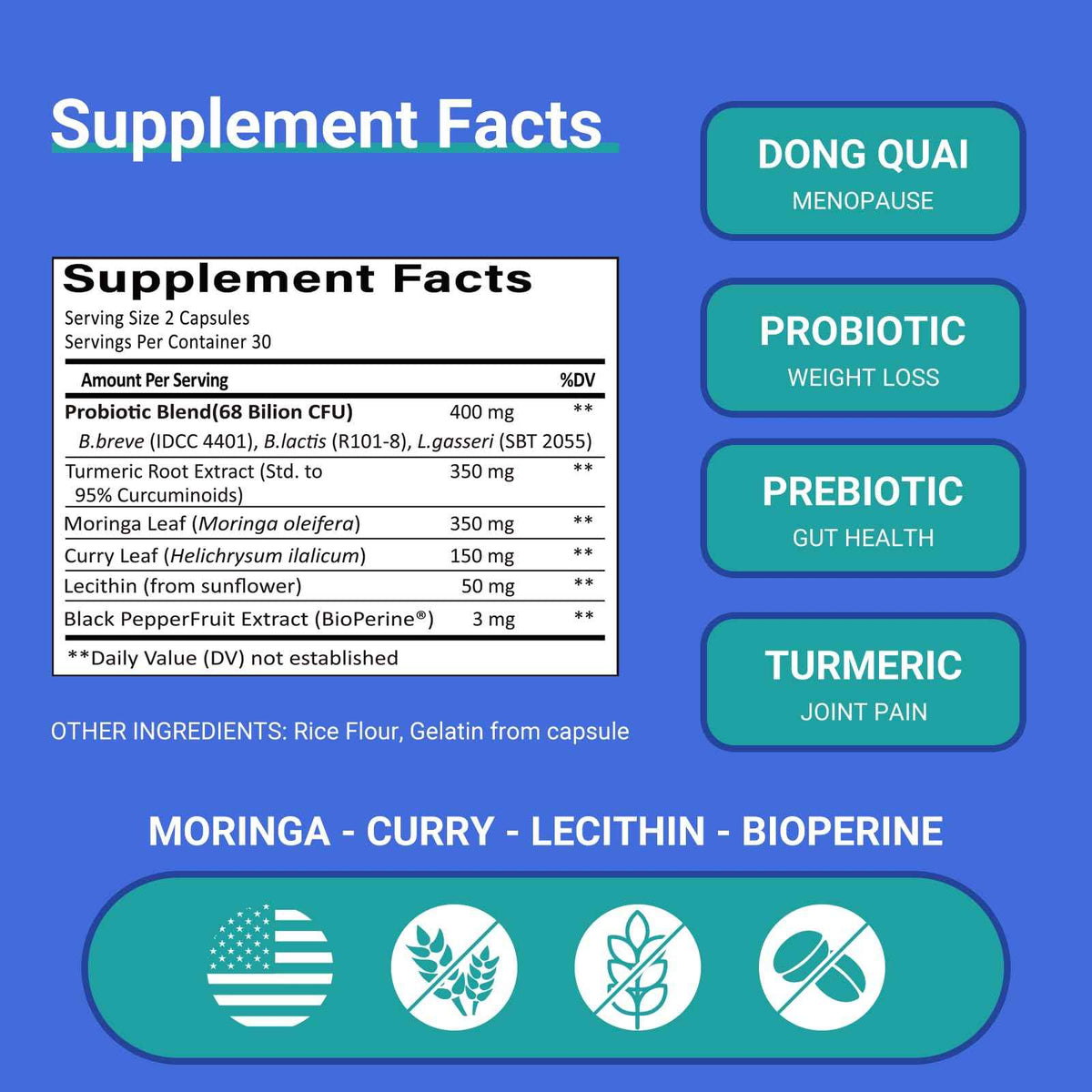 Ruolai ProBalance Probiotics for Women 68B CFU - Menopause, Bloat & Belly Support - Turmeric & Moringa
