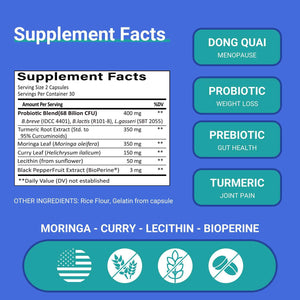 Ruolai ProBalance Probiotics for Women 68B CFU - Menopause, Bloat & Belly Support - Turmeric & Moringa