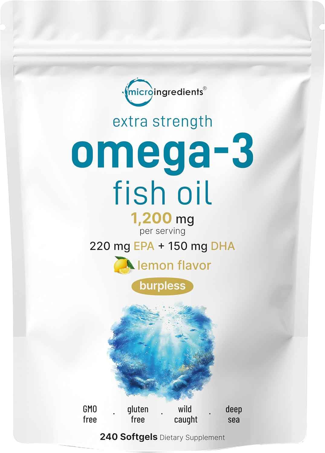 Micro Ingredients Extra Strength Omega 3 Fish Oil Supplements 1,200mg Per Serving, 240 Softgels - Lemon Flavored - Burpless - Essential Fatty Acids - EPA 220mg + DHA 150mg - Deep Sea Fish