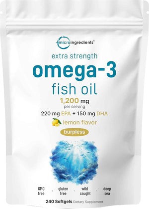 Micro Ingredients Extra Strength Omega 3 Fish Oil Supplements 1,200mg Per Serving, 240 Softgels - Lemon Flavored - Burpless - Essential Fatty Acids - EPA 220mg + DHA 150mg - Deep Sea Fish
