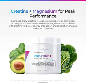 Livingood Daily Creatine + Magnesium Powder, Unflavored - 5g Micronized Creatine Monohydrate with Magnesium for Energy, Muscle Recovery & Performance - 30 Servings
