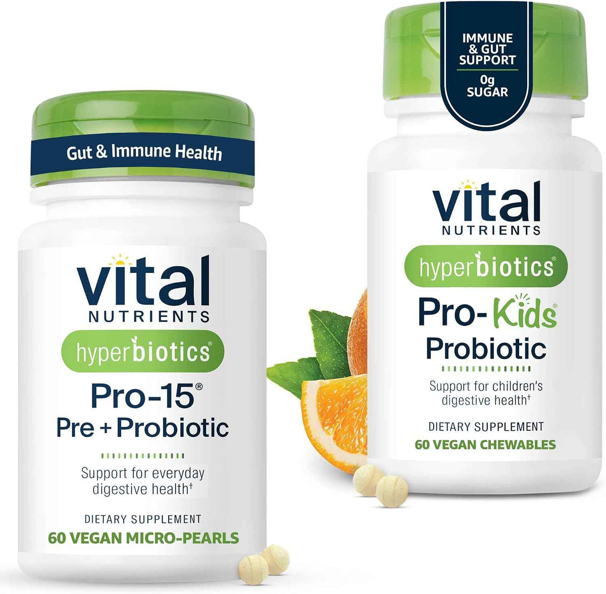 Hyperbiotics Vital Nutrients Family Probiotic Bundle - Pro-15 Prebiotics + Probiotics for Adults (60 Time Release Pearls) & Pro-Kids Chewable Probiotic Tablets (60 Count)