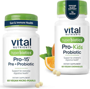 Hyperbiotics Vital Nutrients Family Probiotic Bundle - Pro-15 Prebiotics + Probiotics for Adults (60 Time Release Pearls) & Pro-Kids Chewable Probiotic Tablets (60 Count)