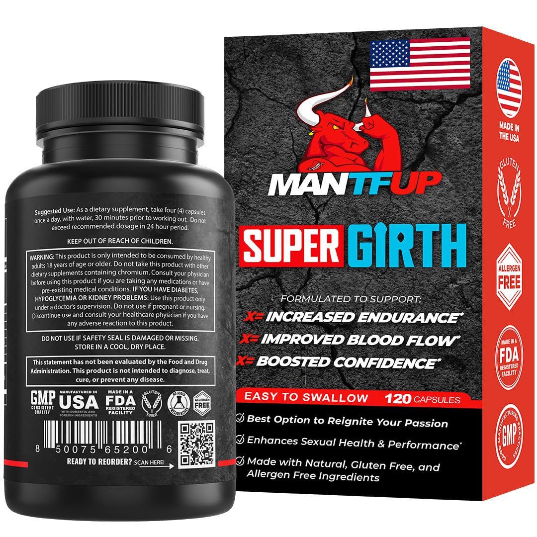 MANTFUP SUPER GIRTH Natural Male Sexual Enhancer for Growth | Fast-Acting Blood Flow | Daily Supplement to Thicken & Strengthen | Potenciadores de Testosterona | Made in USA (1 Month Supply, 120 Caps)