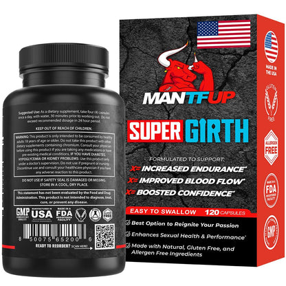MANTFUP SUPER GIRTH Natural Male Sexual Enhancer for Growth | Fast-Acting Blood Flow | Daily Supplement to Thicken & Strengthen | Potenciadores de Testosterona | Made in USA (1 Month Supply, 120 Caps)