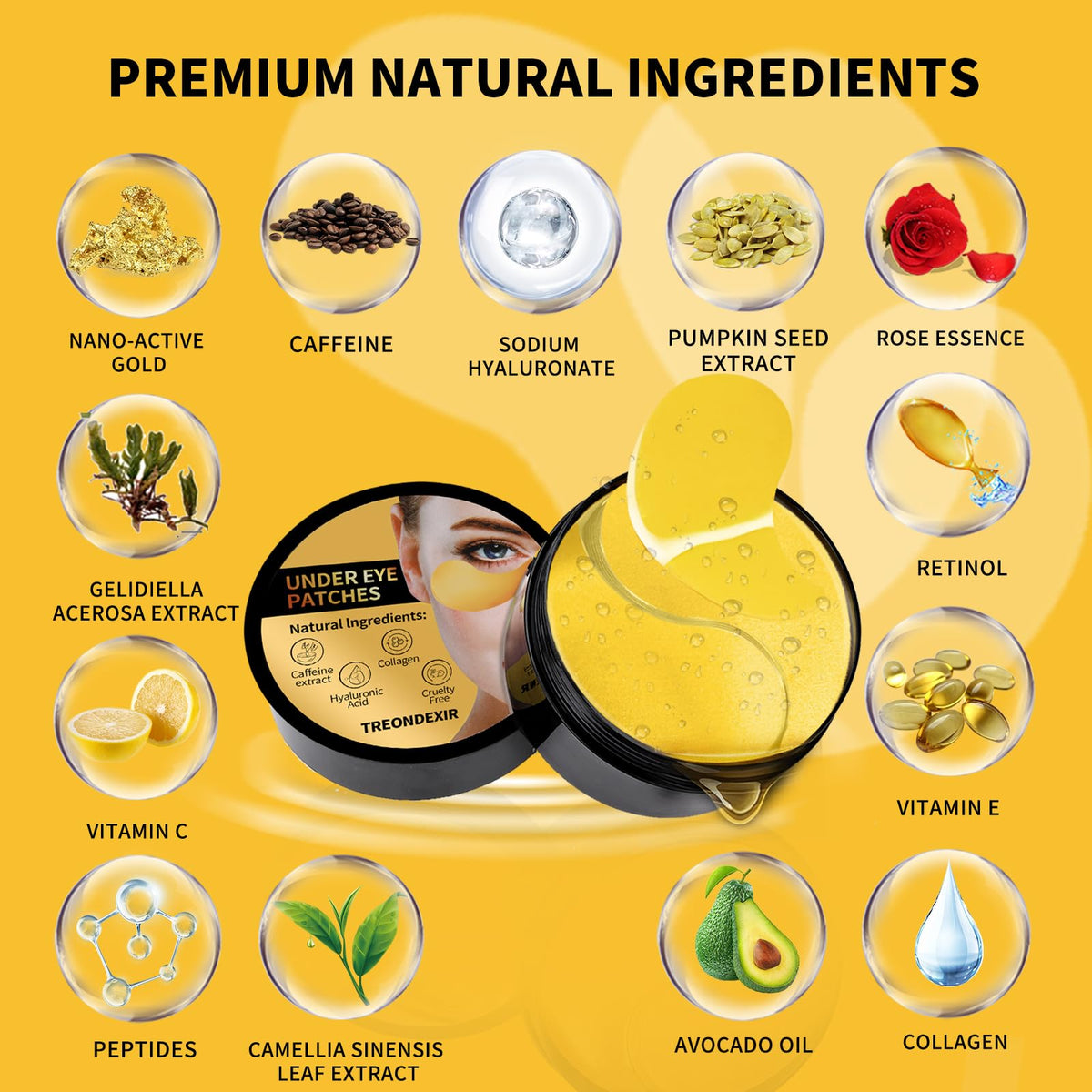 24K Gold Eye Masks (70 PCS) - Under Eye Patches with Collagen, Caffeine & Peptides for Dark Circles & Puffiness