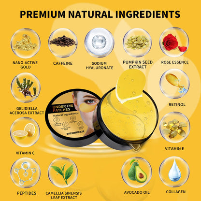 24K Gold Eye Masks (70 PCS) - Under Eye Patches with Collagen, Caffeine & Peptides for Dark Circles & Puffiness