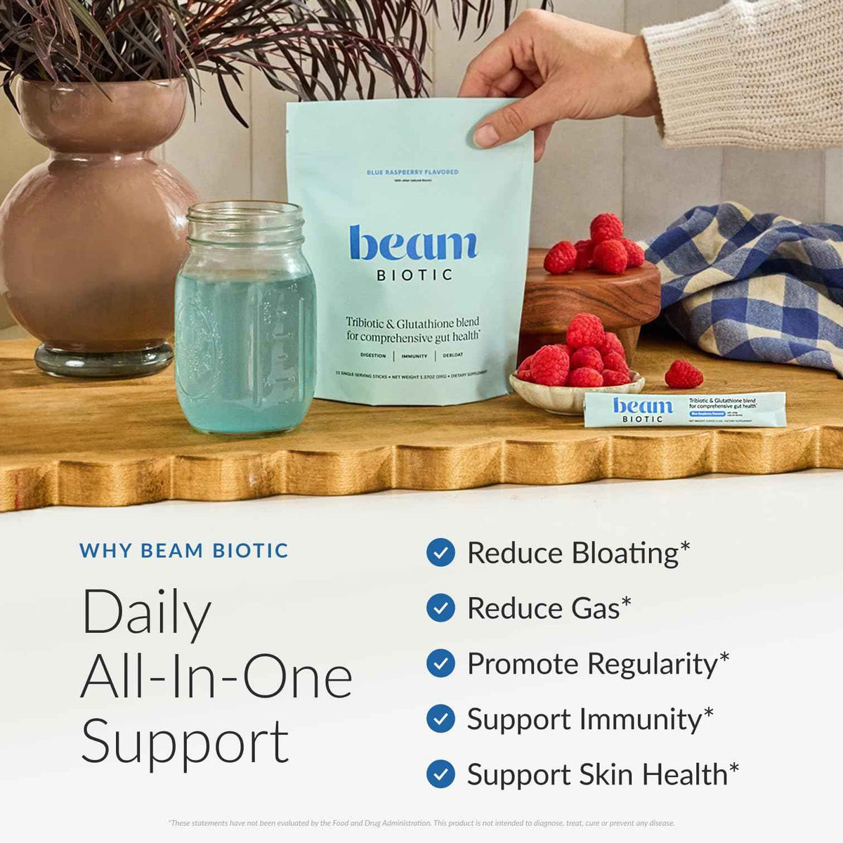 Beam Biotic Probiotics for Women - Gut Health & Digestive Health Powder with Pre, Pro & Postbiotics + Glutathione, Daily Probiotic Drink for Bloating Relief & Gut Balance