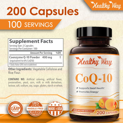 Healthy Way CoQ10 400mg 200 Capsules Non-GMO