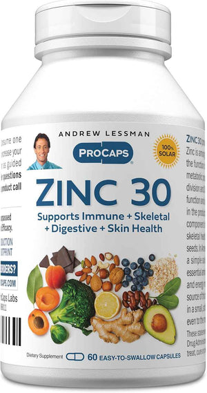 Andrew Lessman ProCaps Zinc 30mg with L-Lysine 60 Capsules - Chelated Zinc Citrate for enhanced absorption with L-Lysine. Supports immune, skin & enzyme function.