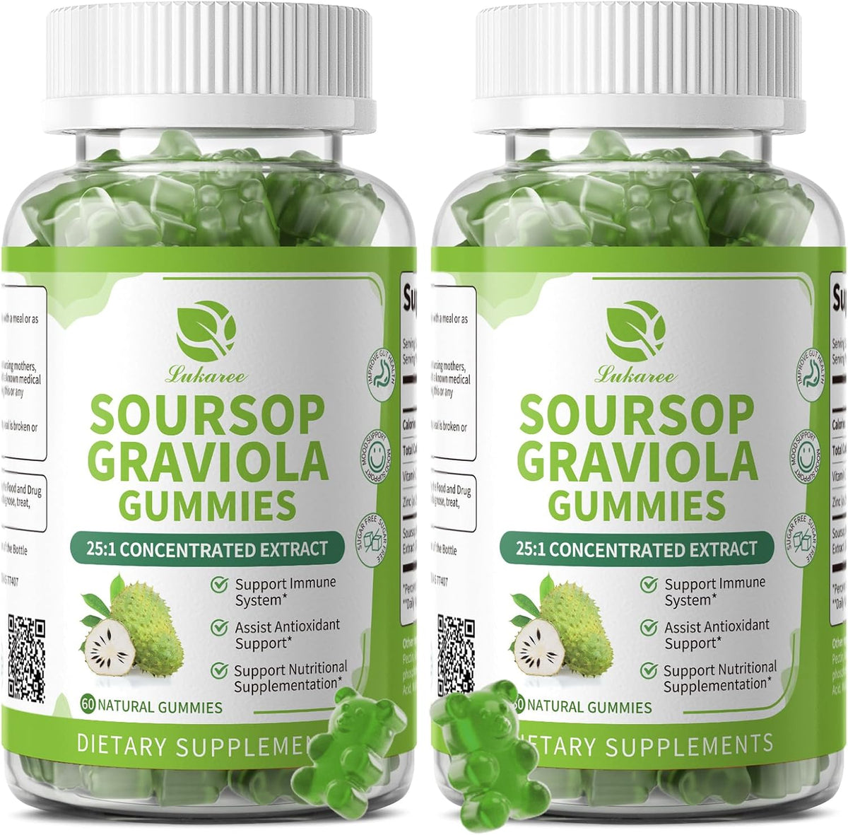 (2 Pack) Soursop Gummies - Soursop Leaves Concentrated Extract for Immune - Herbal Extracts w/Vitamin C, Zinc & Natural Food for Liver, Calming & Antioxidant, Sugar Free, Gluten Free, Vegan, 60 Gummies