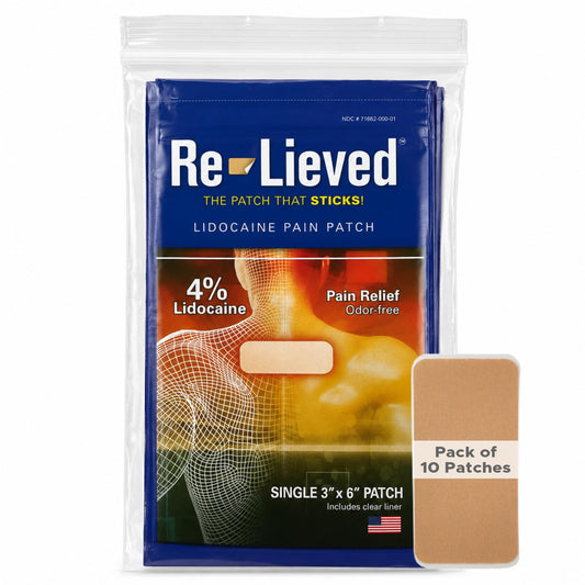 Re-Lieved 4% Lidocaine Pain Relief Patches Maximum Strength, 10 Count, Up To 12 Hours Pain Relief - Superior Adhesive, Water-Resistant & Aluminum-Free, 3x6 Inch for Back, Muscle & Joint Pain - US Made