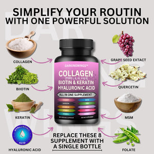 Multi Collagen Pills Peptides Types I, II, III, V & X MCG Biotin Keratin Hyaluronic Acid MSM Vitamin C Zinc Magnesium with Grape Seed Extract, Quercetin - Hair Skin and Nails Vitamins Capsule DarkingwingsBuy Supplements Australia