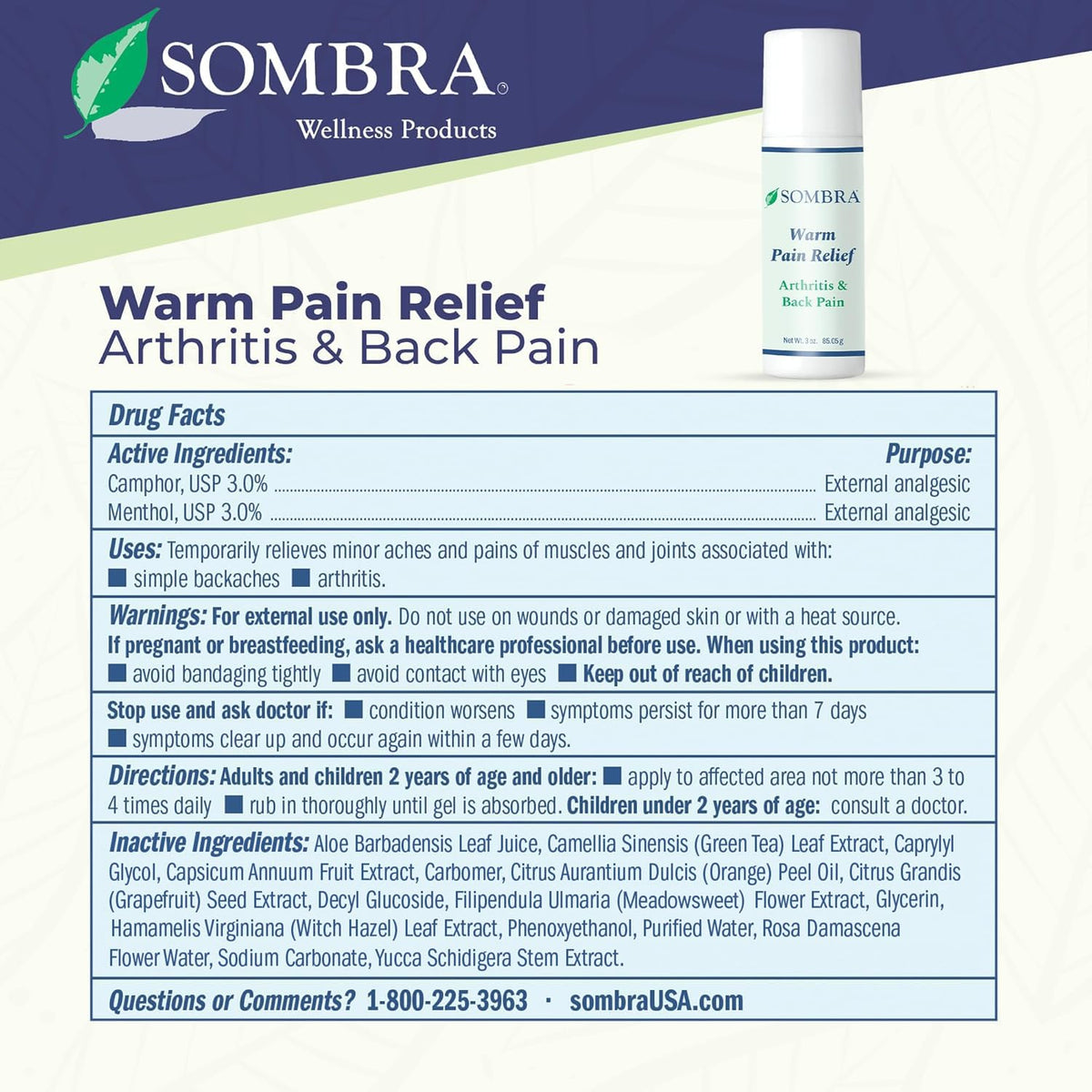 Sombra Warm Pain Relief Gel, Warm Relief for Arthritis and Chronic Pain Pre-Workout Muscle Rub Vegan Formula Free of Artificial Fragrances, Dyes, NSAIDs, Wax, Petroleum, Alcohol - 3oz Roll-On