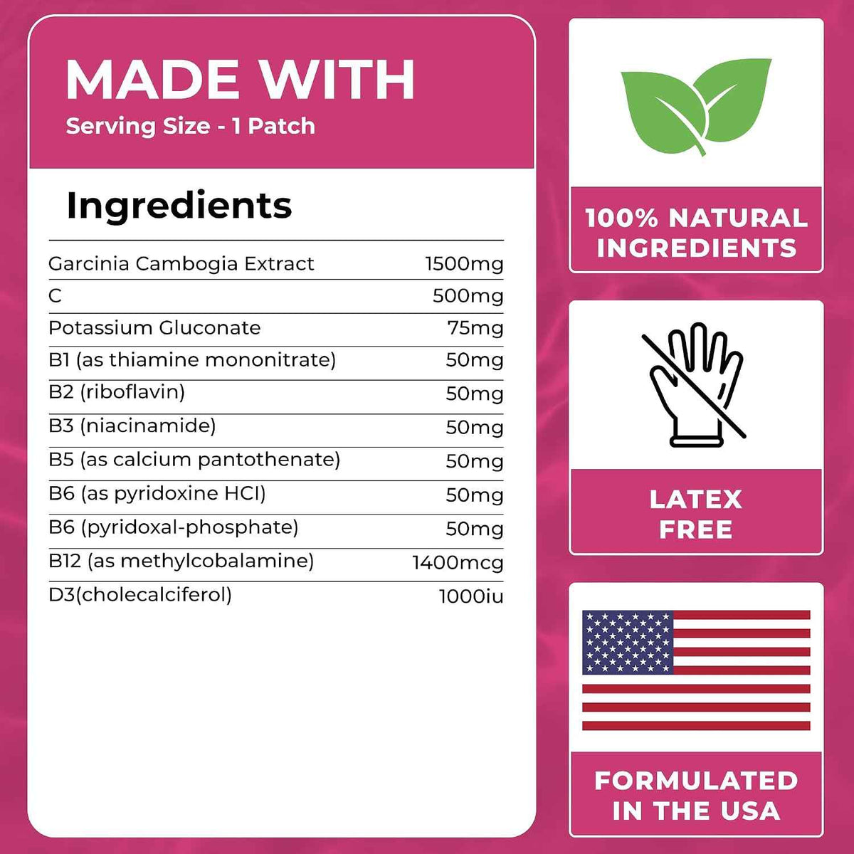 Garcinia Cambogia Patches (Pack of 60) - 100% Natural Patch for Women & Men - With B12 & Potassium, Energy, Focus & Body Support, Enhanced Formula