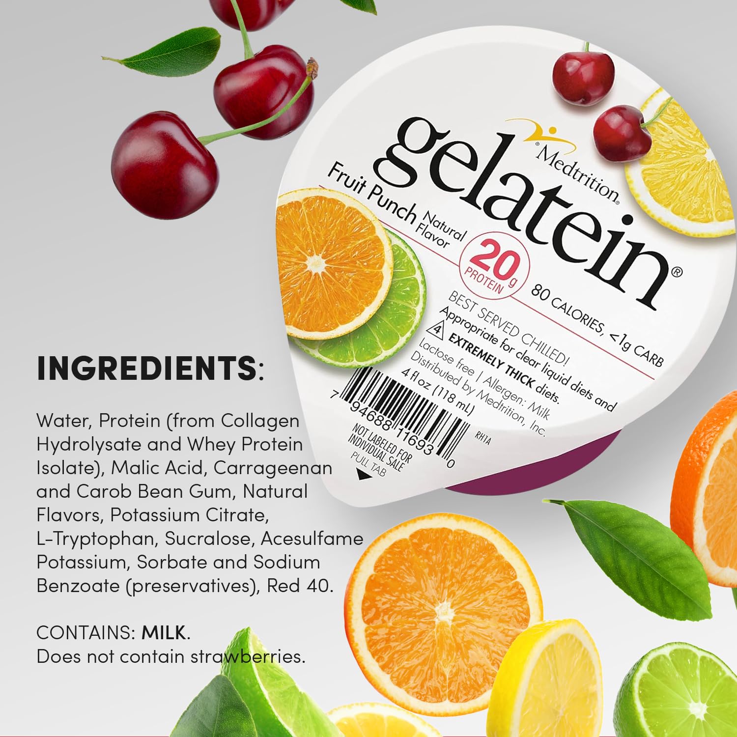 Gelatein Fruit Punch: 20 grams of protein. Sugar free. Ideal for clear liquid diets, swallowing difficulties, bariatric, dialysis and oncology. Great pre or post-workout snack. (12 pack)…