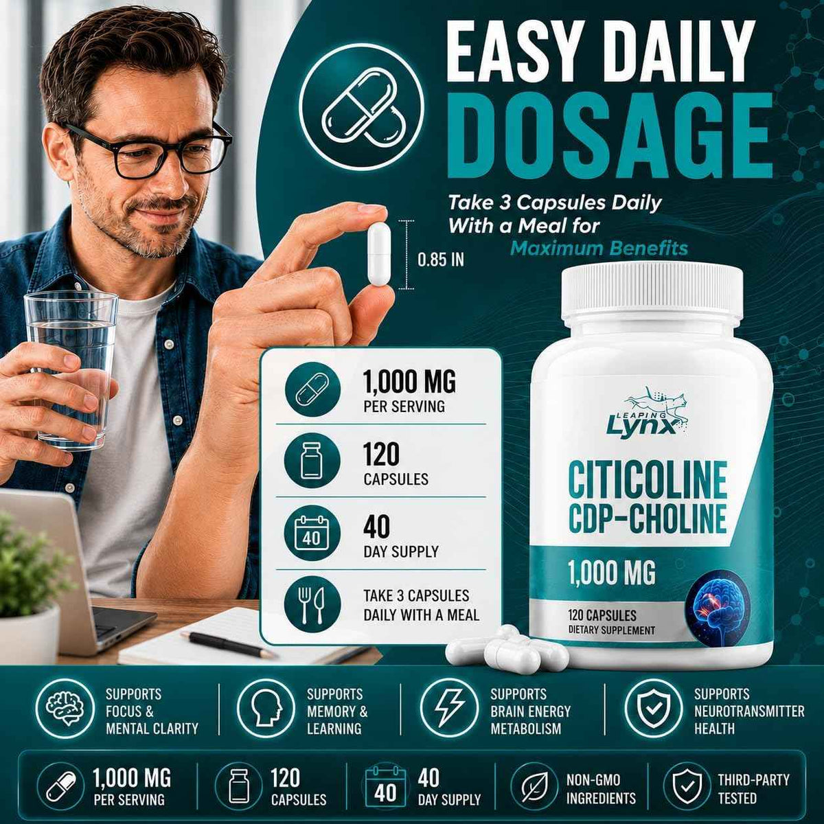 Leaping Lynx Citicoline 1000 mg (CDP Choline) Capsules - 120 Count - CDP Choline Supplement for Brain, Focus & Memory Support - Nootropic Choline Supplement - Non-GMO, ISO-Certified