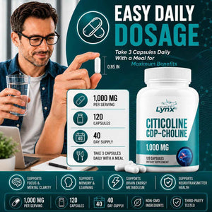 Leaping Lynx Citicoline 1000 mg (CDP Choline) Capsules - 120 Count - CDP Choline Supplement for Brain, Focus & Memory Support - Nootropic Choline Supplement - Non-GMO, ISO-Certified