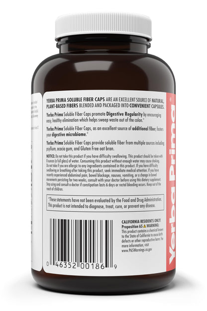 Yerba Prima Soluble Fiber Formula Capsules, 180 Count - Premium Dietary Fiber Supplement, Natural, Concentrated Soluble Fiber, Gluten Free, Non-GMO, Made in USA