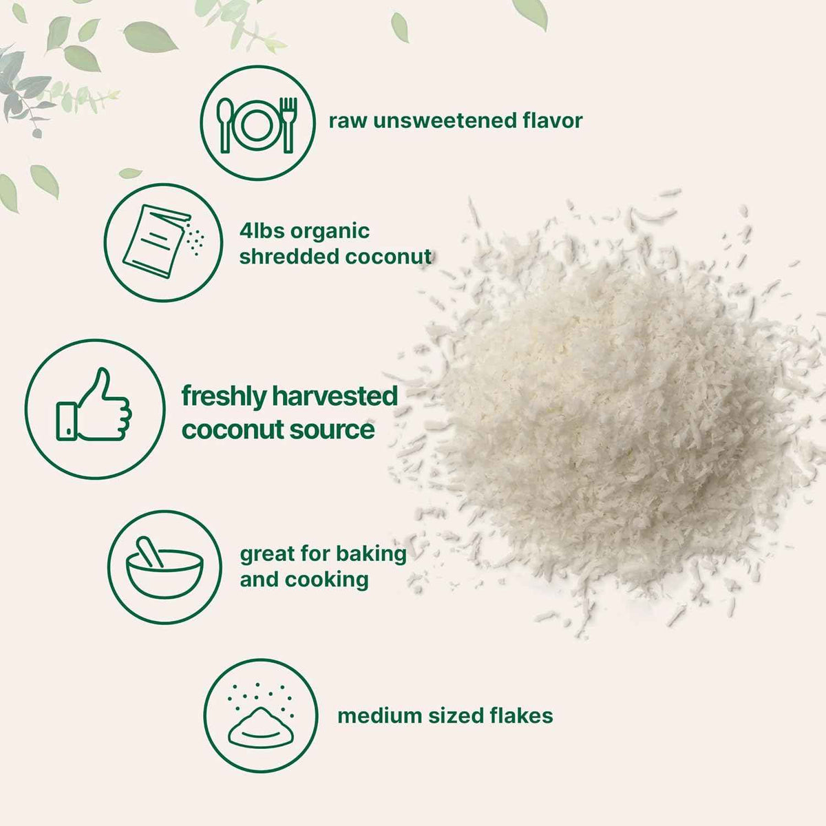 Organic Shredded Coconut Flakes, 4lbs - Raw Unsweetened Flavor, Medium Sized - Great for Baking, Smoothies, or Garnish - Non-GMO, Sugar Free, Keto Friendly