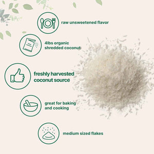 Organic Shredded Coconut Flakes, 4lbs - Raw Unsweetened Flavor, Medium Sized - Great for Baking, Smoothies, or Garnish - Non-GMO, Sugar Free, Keto Friendly