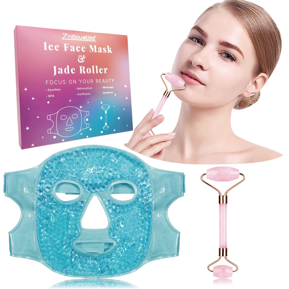 ZNÖCUETÖD 3-in-1 Face Sculpting Set – Ice Roller, Jade Roller & Cooling Gel Eye Mask Gift Set | For Puffiness, Wrinkles & Lifting