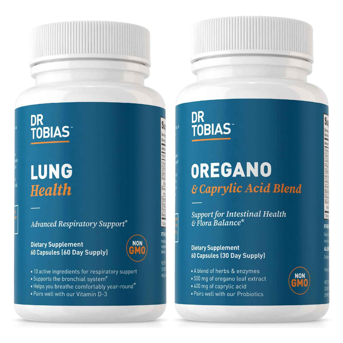Dr. Tobias Lung Health and Oregano & Caprylic Acid Blend, Supports Lung Cleanse & Detox, Intestinal Health, Immune Support with Prebiotics & Herbs for Women & Men