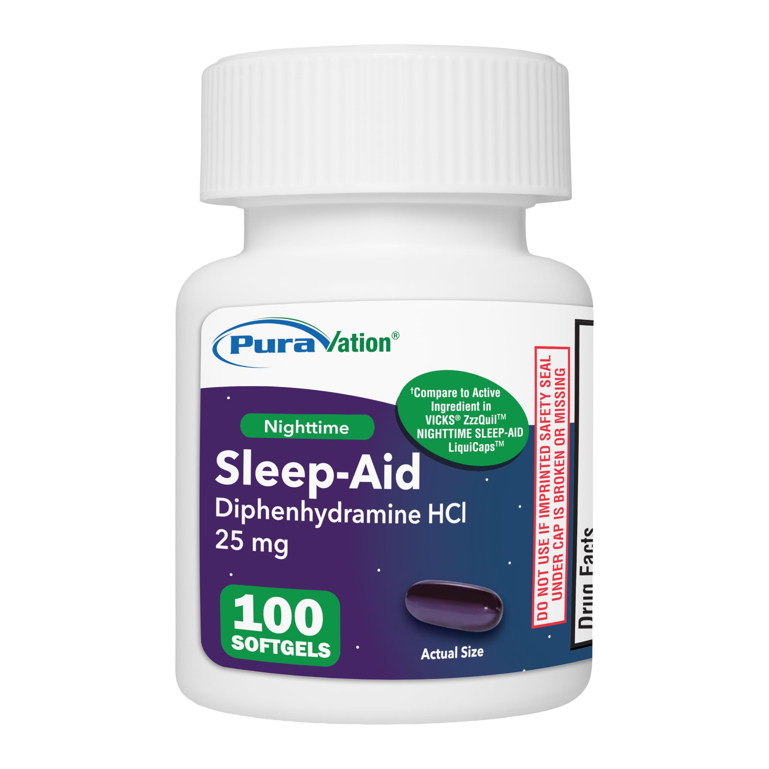PURAVATION Nighttime Sleep Aid Softgels, Diphenhydramine 25mg, Supports Deeper, Restful Sleeping, Non-Habit-Forming, 100 Count