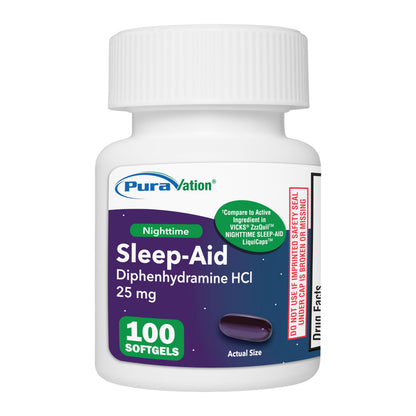 PURAVATION Nighttime Sleep Aid Softgels, Diphenhydramine 25mg, Supports Deeper, Restful Sleeping, Non-Habit-Forming, 100 Count
