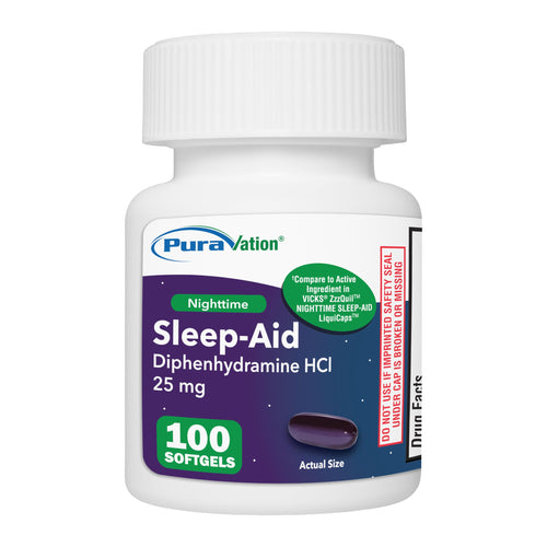 PURAVATION Nighttime Sleep Aid Softgels, Diphenhydramine 25mg, Supports Deeper, Restful Sleeping, Non-Habit-Forming, 100 Count