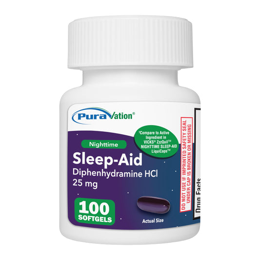 PURAVATION Nighttime Sleep Aid Softgels, Diphenhydramine 25mg, Supports Deeper, Restful Sleeping, Non-Habit-Forming, 100 Count
