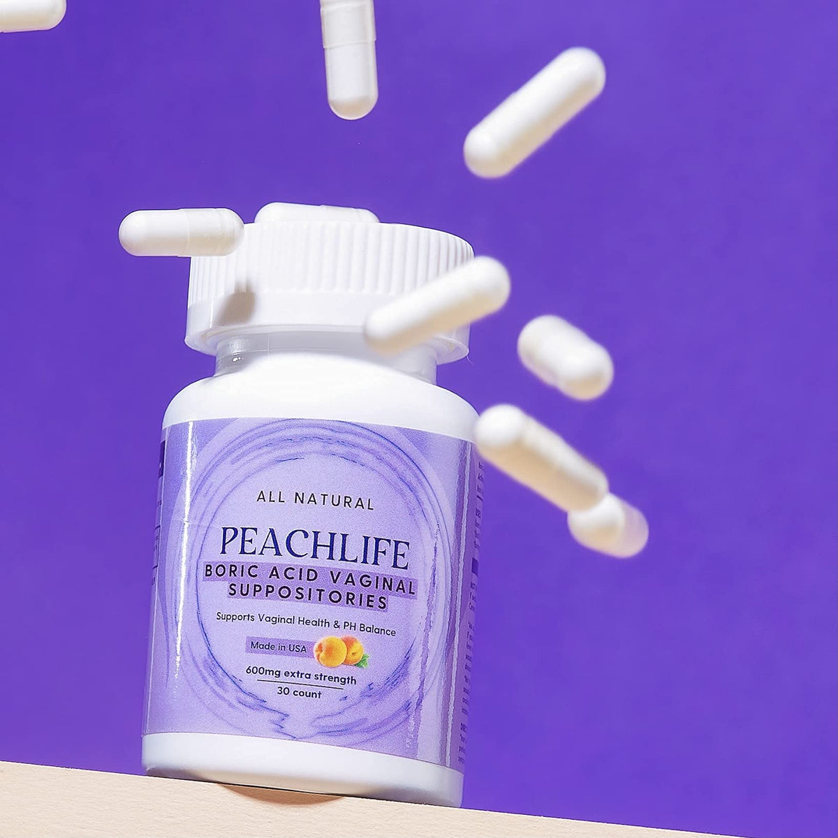 Peachlife Boric Acid Suppositories in Vegetable Capsules - USA Made - Vaginal pH