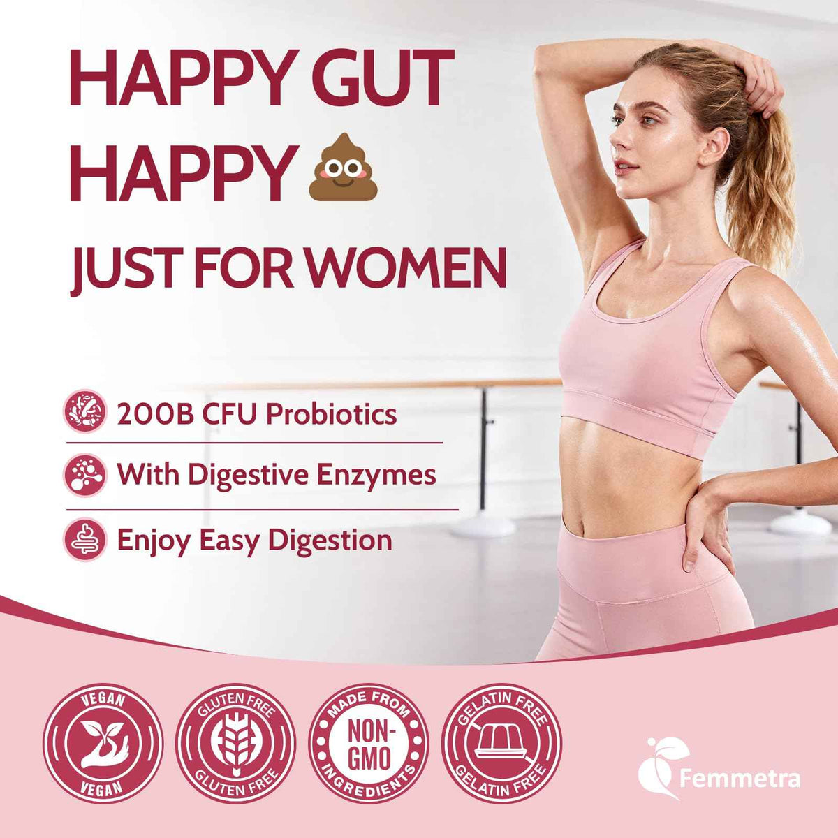 Femmetra 18-in-1 Probiotics for Women with Prebiotics - 200 Billion CFU with Digestive Enzyme, Cranberry, Kombucha - Sugar-Free Vaginal Gummies
