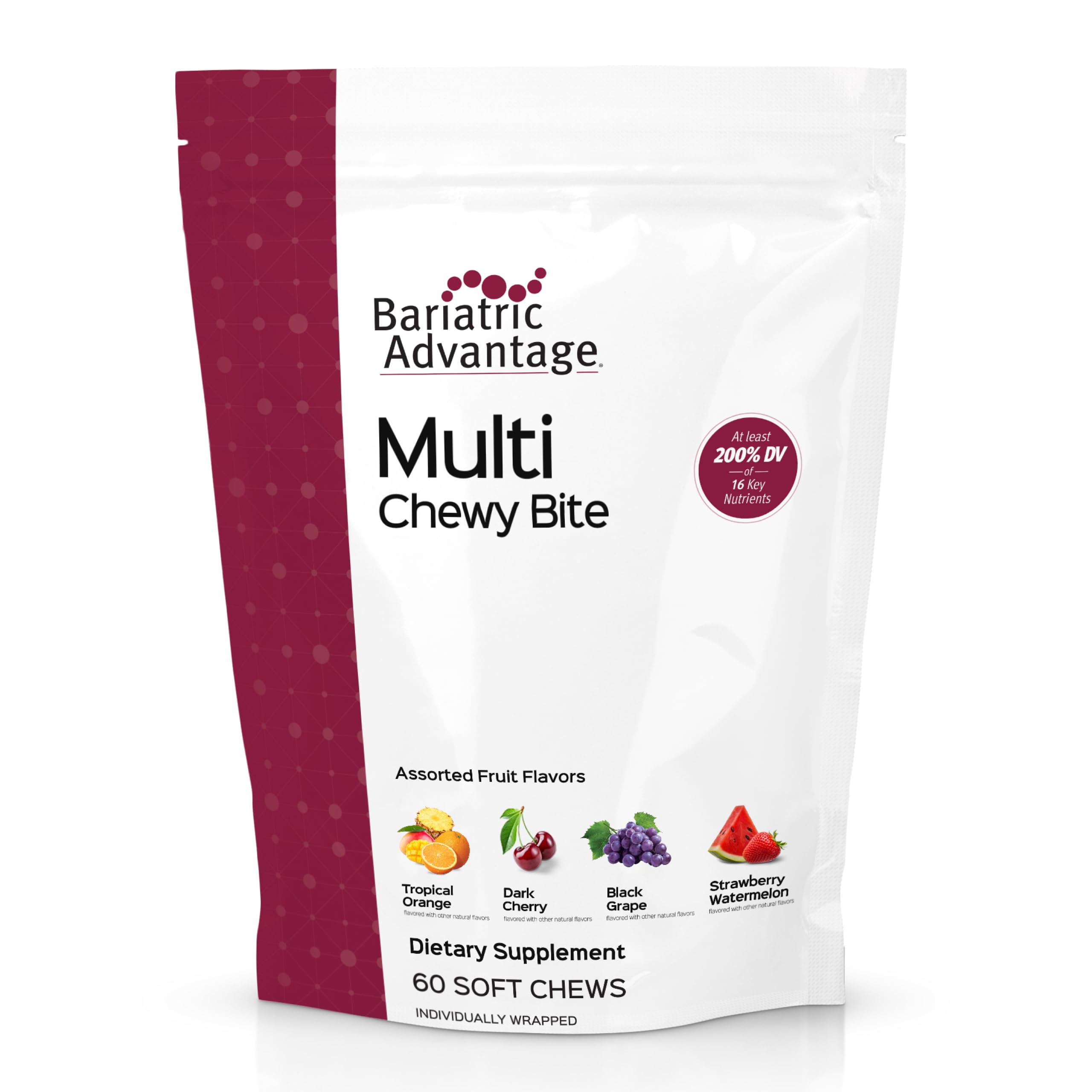 Bariatric Advantage Multi Chewy Bite - Soft Chew Multivitamin for Bariatric Surgery Patients - Chewable Multivitamin with Folic Acid, Vitamin D3 & More - Assorted Fruit Flavor - 60 Count