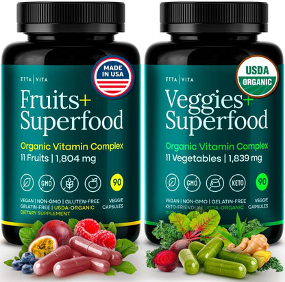USDA Organic Fruits and Veggies Supplement, 31 Whole Foods, 180 Vegan Ct - Food berry & greens supplements blend for energy, immune & digestive support, vegan, non-GMO, gluten free, third-party tested