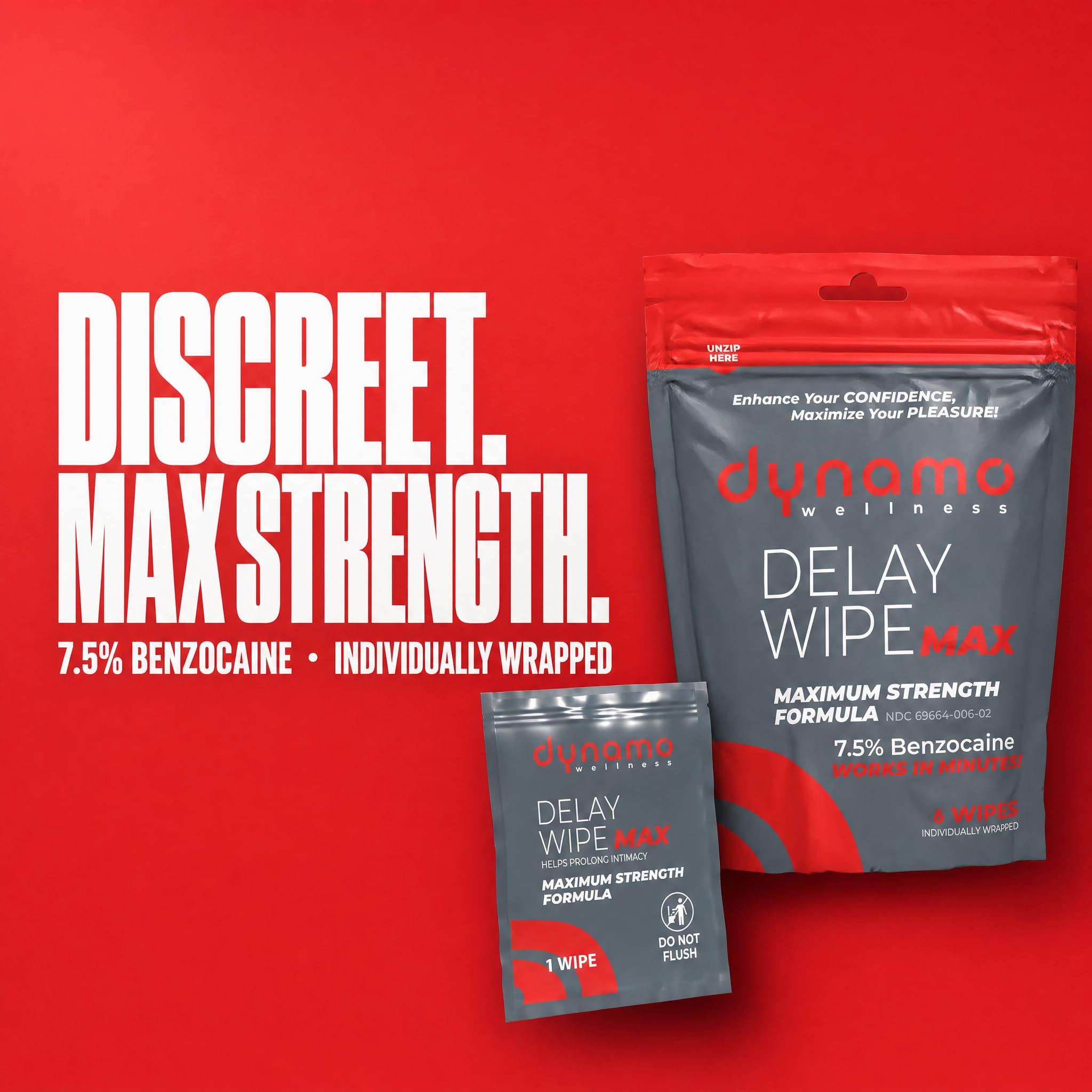 Dynamo Delay Wipes for Men, Benzocaine 7.5% Maximum Strength, 6ct