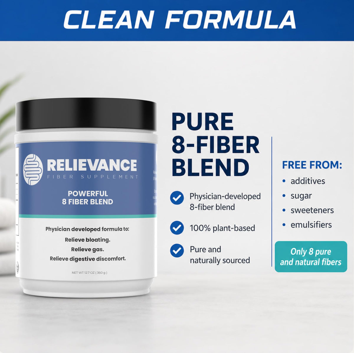 Relievance Fiber Supplement - Clean Formula - Bloating & Gas Relief Fiber Supplement – 8-Fiber Blend for Digestive Health, Doctor Developed, Supports Regularity & Gut Comfort