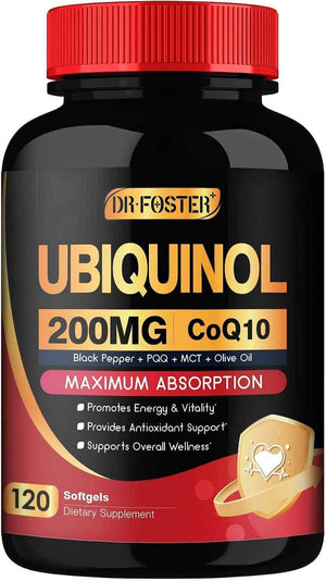DRFOSTER Ubiquinol CoQ10 200mg, with PQQ & Vitamin E, 120 Servings - Active Ubiquinol, Coq10 200mg, Black Pepper for Max Absorption, Allergen-Free, Powerful Antioxidant, Brain & Energy Support