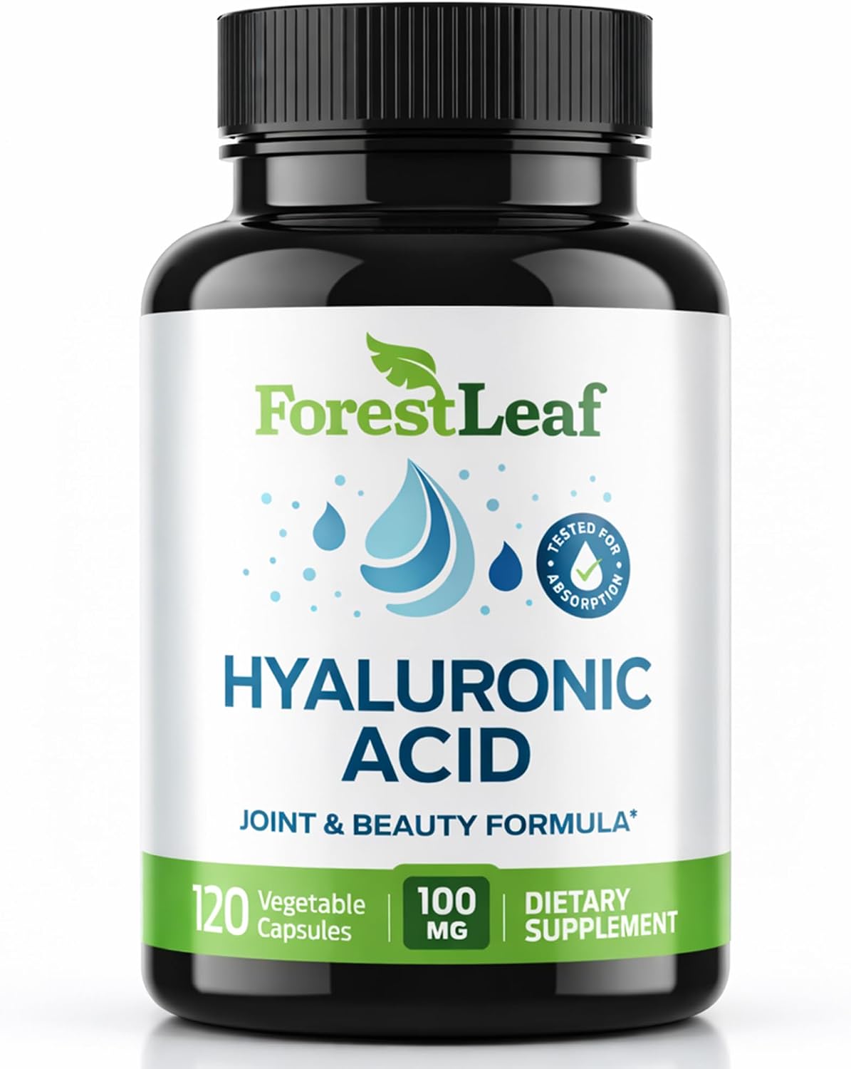 ForestLeaf Hyaluronic Acid Supplements - 100mg High Bioavailable Dietary Hyaluronic Acid Powder Capsules + 50mg VIT C - Supports Skin Hydration, Joint Lubrication, Anti-Aging, Hair & Nails - 120 Caps