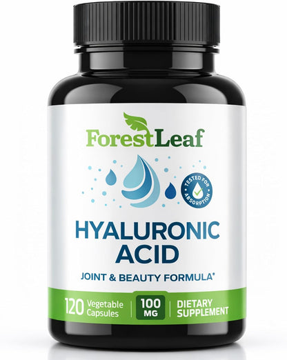 ForestLeaf Hyaluronic Acid Supplements - 100mg High Bioavailable Dietary Hyaluronic Acid Powder Capsules + 50mg VIT C - Supports Skin Hydration, Joint Lubrication, Anti-Aging, Hair & Nails - 120 Caps