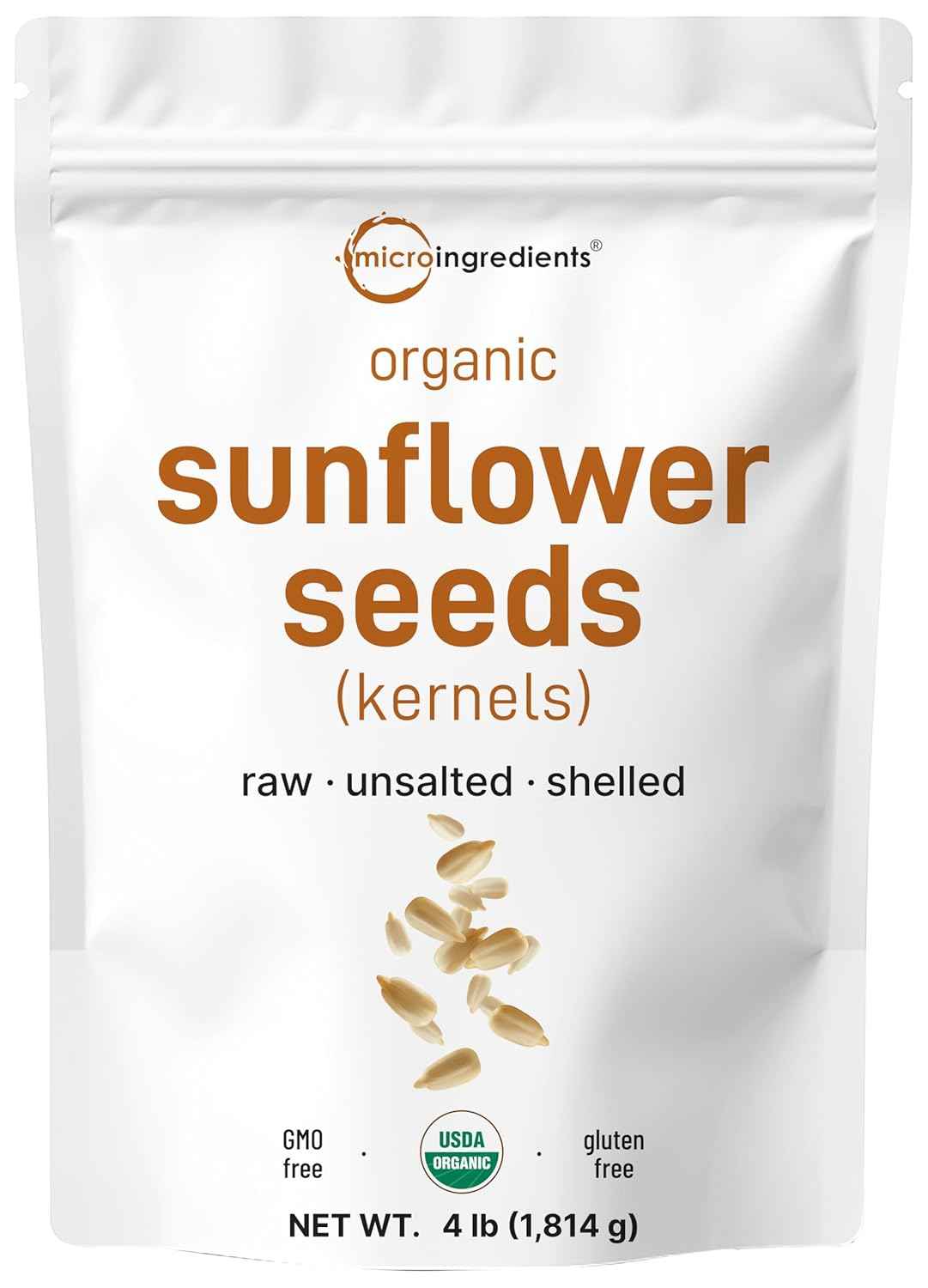 Organic Sunflower Seeds, 4lbs - Raw, Unsalted, & Shelled - Whole Kernels - Low Carb Snack - Great for Baking, Smoothies, & Salad Toppings - Non-GMO, Vegan, Plant Based