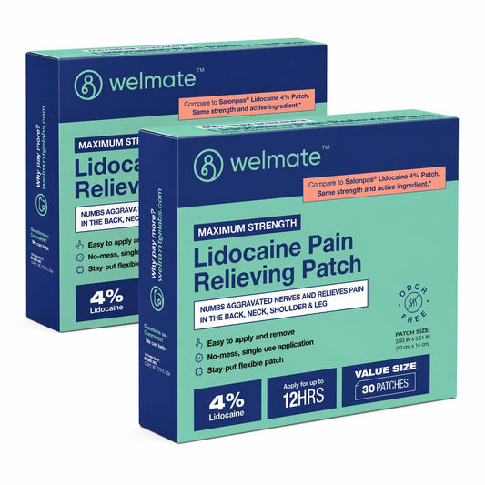 WELMATE 4% Lidocaine Pain Relief Patch - Maximum Strength Topical Analgesic - Temporary Relief of Minor Aches and Pains of Back, Neck, Shoulders, Knees, and Elbows - Unscented - 60 Count