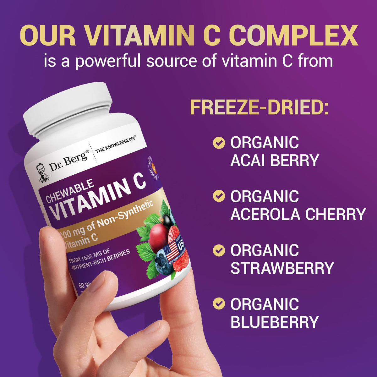 Dr. Berg Chewable Vitamin C Complex - Made with Organic, Non-GMO Berries - 60 Delicious Wafers