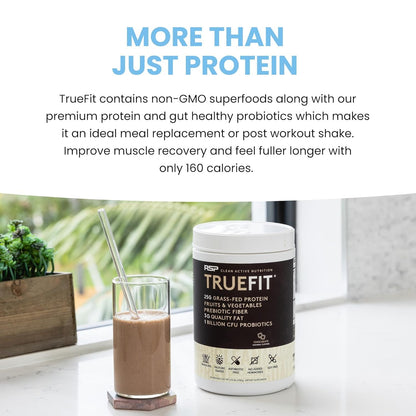 TrueFit Grass-Fed Whey Protein Powder + Fiber & Probiotics, Vanilla Shake - 25g Gut Healthy Protein with Fiber, Probiotics & Non-GMO Superfoods for Complete Meal Replacement Shake with Nothing Fake