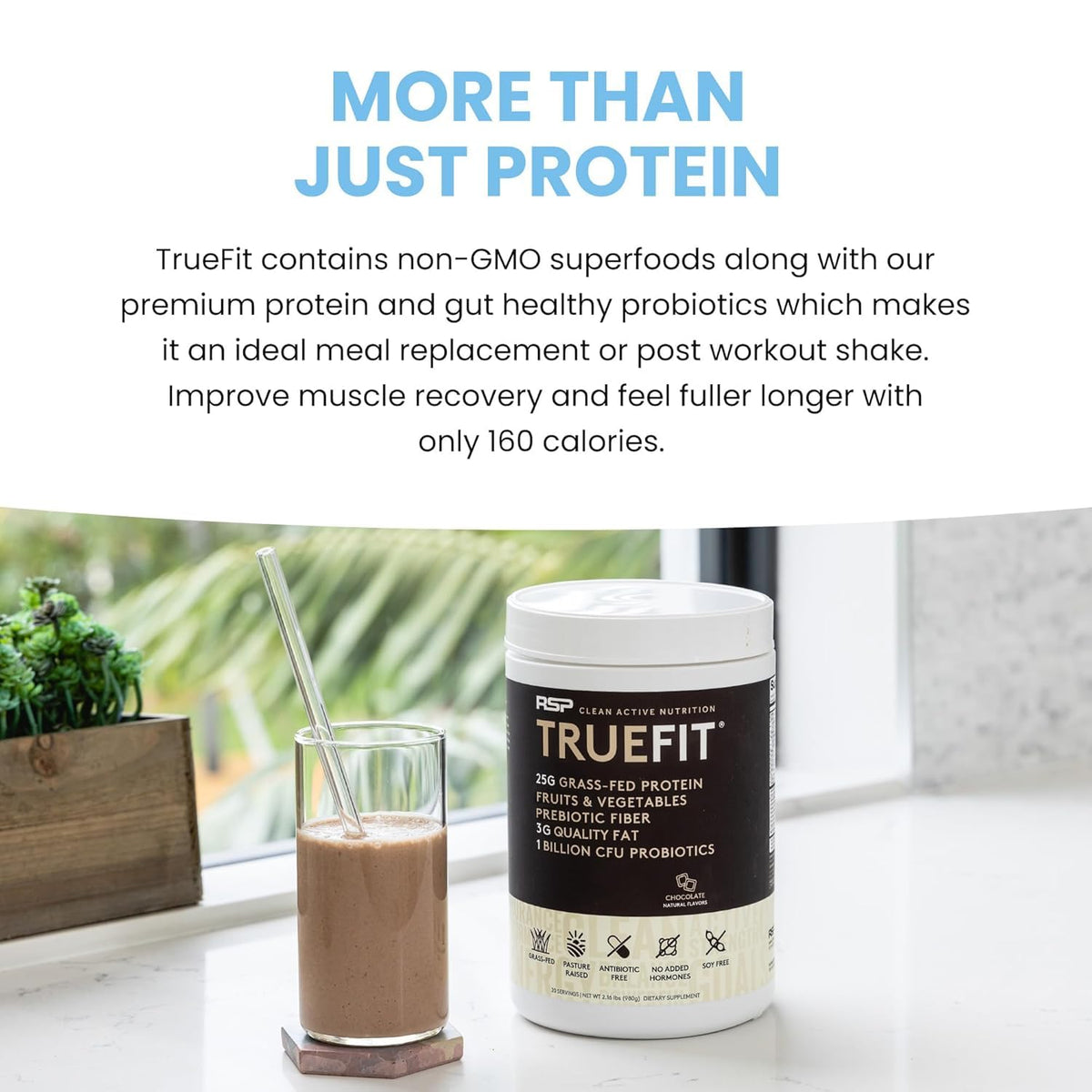 TrueFit Grass-Fed Whey Protein Powder + Fiber & Probiotics, Vanilla Shake - 25g Gut Healthy Protein with Fiber, Probiotics & Non-GMO Superfoods for Complete Meal Replacement Shake with Nothing Fake